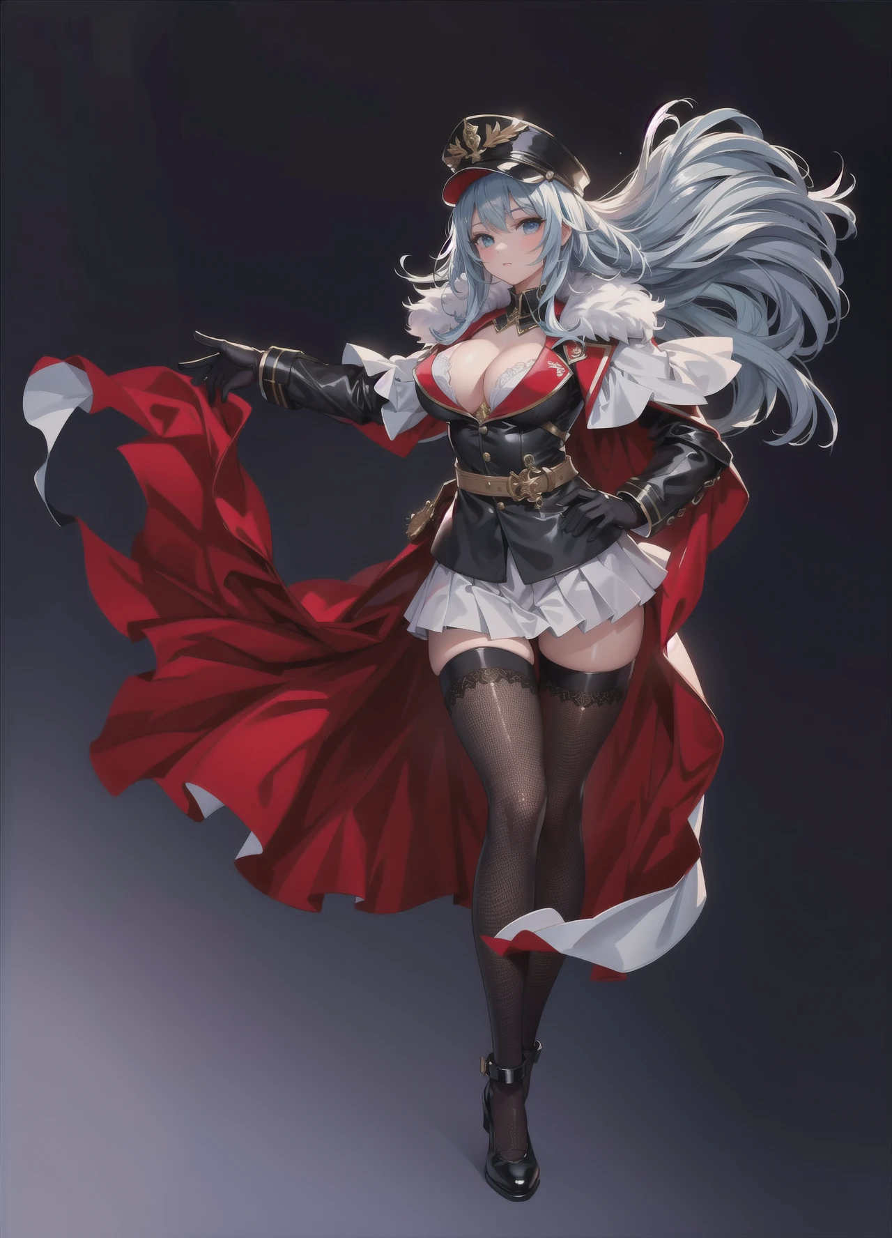 ((best quality)), ((masterpiece)), (detailed), perfect face, Red Riding Hood, nude, large breasts, thin waist, long thin legs, stockings, high heels, corset, garder belt, very tgin body, dense overgrown forest, epic view, wide view, wolf, large wolf