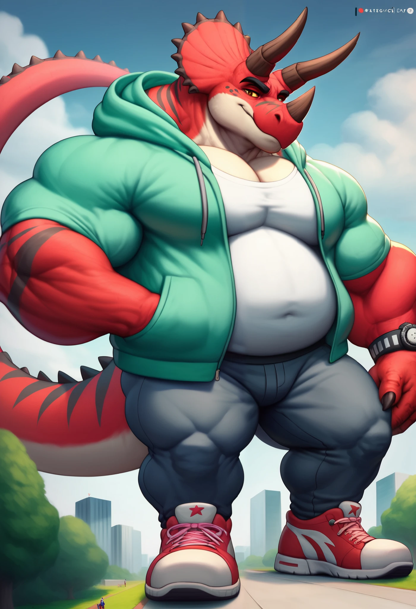 Scribble triceratops face,anthro(triceratops), detailed triceratuops head, chubby, muscular, big large hyper chubby, big large hyper huge thick muscelgut, big strong thick muscle, big strong thick muscluar thick arms, normal triceratops big strong really short tail, ( black eyebrows :1.1),(perfect eyes), big triceratops Neck shield, two horns over the eyey, one horn on the nose, scale, ，alone,（artist:takemoto arashi),（nerd:1.3）， standing, Sneakers，，（Civil :1.3, Hoodie, pants, ) ,triceratops (Massiv:3.0, ( heavyweight , strong,Macro, Emphasize, stands next to buildings,)), background((University campus, city)), triceratops, extremehyper big large hyper thick huge muscelgut,
