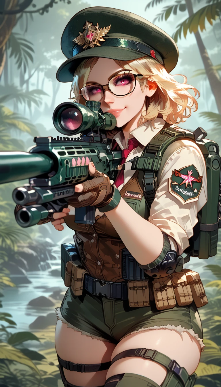 ultra-detailed, 1girl, solo, ((masterpiece)), (best quality), (highres), 16K, hunter, hunter girl, pink eyes, tattoos, blonde hair, medium hair, wearing glasses, hat, tactical vest, shirt, gloves, thighhighs, short shorts, pink thong, knee pads, busty body, large breasts and a beautiful ass, showcasing cleavage, legs, hips, (holding Sniper Rifle), looking at viewer, smile, detailed face, detailed hair, detailed whole body, jungle background