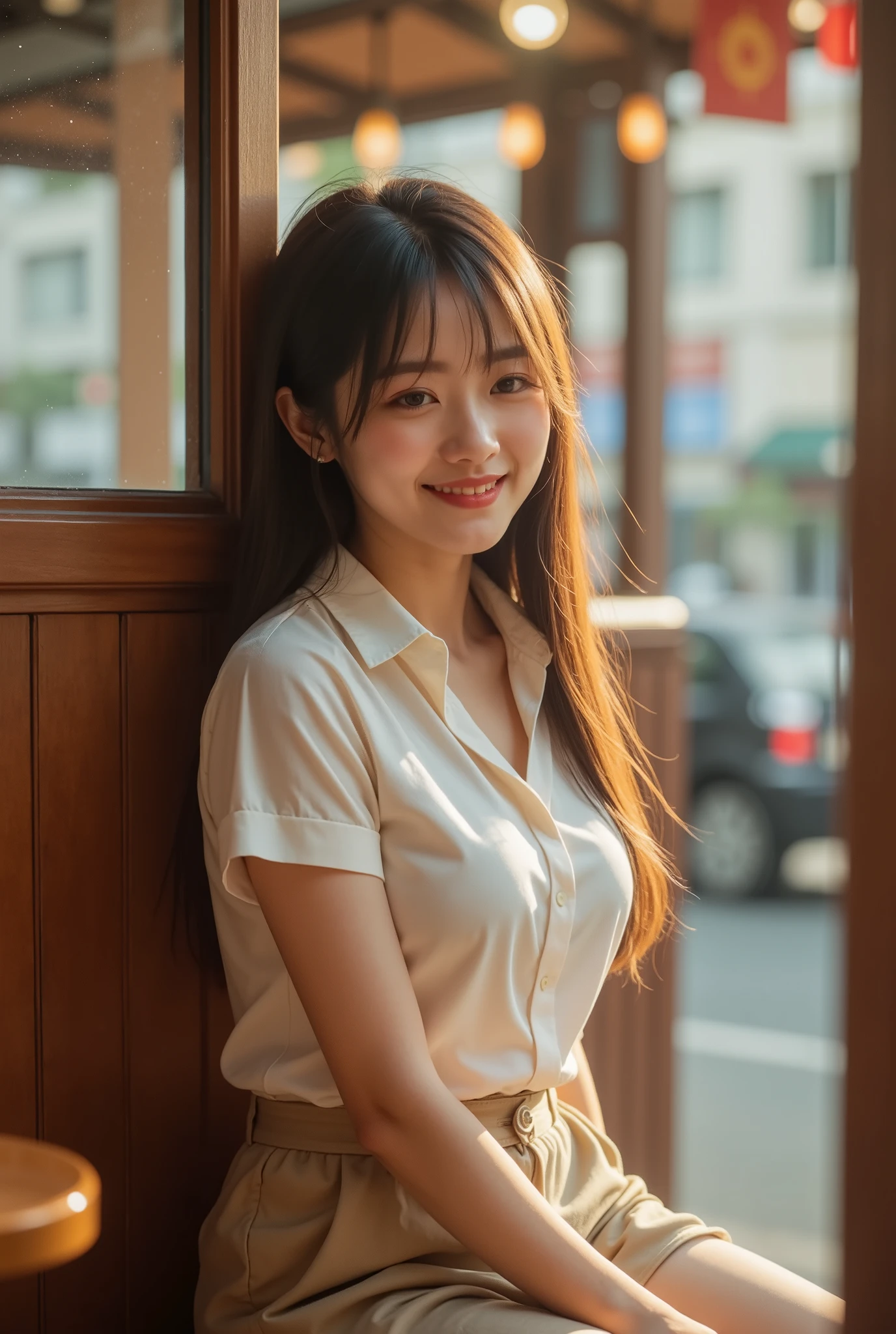 A professional photograph in the style of Wong Kar-wai's cinematic lighting, featuring a charming Asian beauty dressed in a vintage shirt and retro khaki pants. She has messy, long straight hair and is looking down with a bright smile while leaning back in a corner of a restaurant. The scene is set in 1980s Hong Kong, with warm sunlight streaming through the window, creating a cheerful ambiance.
The lighting is soft and inviting, enhancing the joyful expression on her face. The background is softly blurred, highlighting her radiant smile and the vintage decor of the restaurant. The overall composition captures a moment of happiness and warmth, reflecting the vibrant energy of the city.