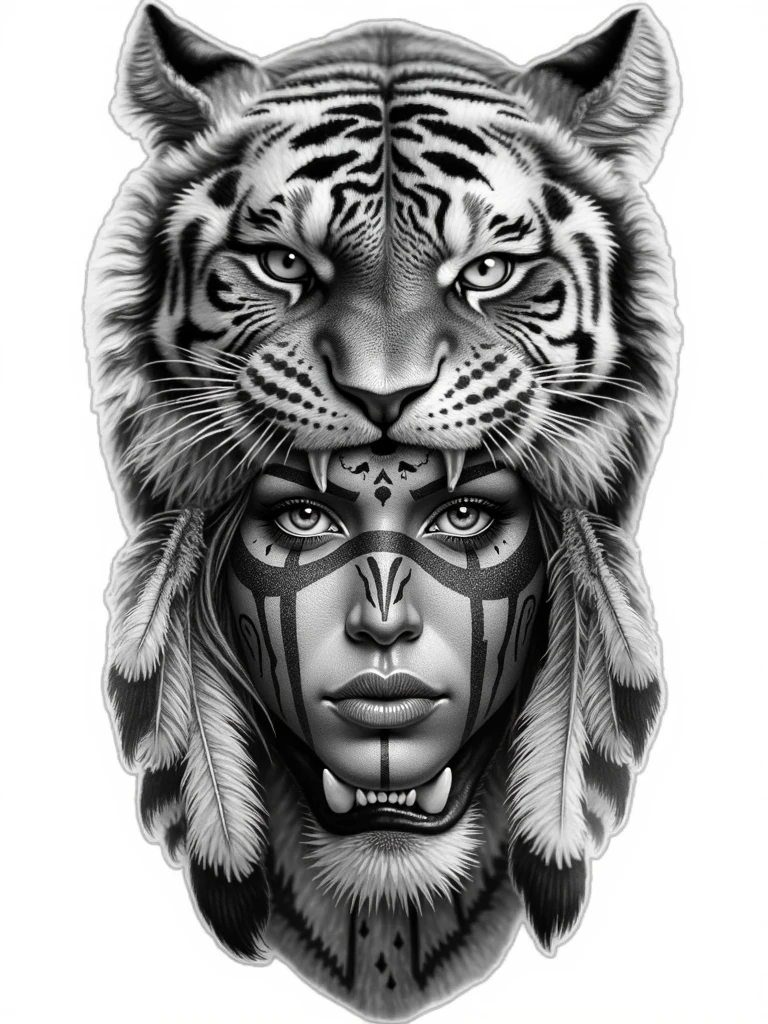 Black and gray realistic tattoo art of tiger withalf +Hannya mask style (((tiger eyes))) +black woman on right side, illustrator, 0mib, masterpiece, high quality, black and gray, monochrome, 8k, high resolution, high detail, japanese, samurai, extremely detailed eyes and face, japan , black woman on right side, beautiful detailed nose, beautiful detailed eyes, light on face, looking at viewer, (1 woman, mature face), realistic face, full lips, captivating smile, realistic body, (RAW photo, best quality ), (realistic, photorealistic: 1,3) , masterpiece, extremely beautiful, extremely detailed,,with ink splatter sketch effect ,he is with open mouth looking very fierce and angry