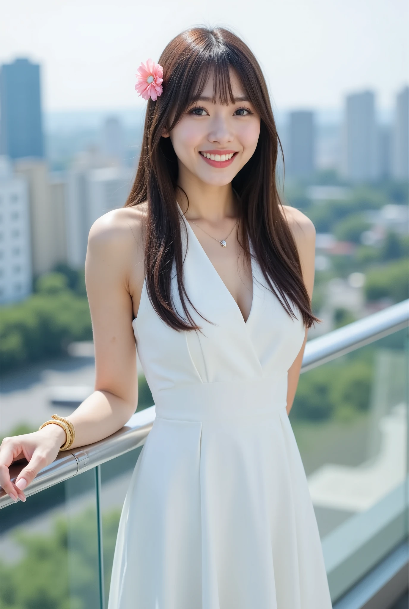 A young Asian woman, bright smile, standing on a high-rise rooftop. Long, straight brown hair with bangs, sleeveless white flowy dress, slightly flared hem, playful and airy look. Halter neckline, delicate choker, elegant touch. Simple gold bracelet on left wrist, pink hair accessory on left side, charming pop of color. vibrant cityscape, mix of modern buildings and greenery, lively metropolitan area. Clear light blue sky, warm sunlight, early morning or late afternoon. Sleek glass railing, sense of height and openness. joyful and sophisticated, highlighting beauty of the city and woman's radiant smile. Crisp and clean image, emphasizing details and textures of dress and urban scenery.