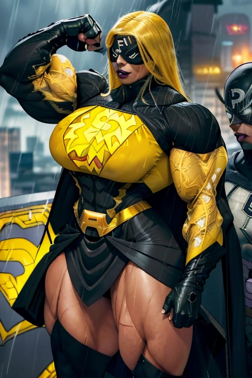 ((masterpiece)),(((best quality))),((character design sheet)), ((full body view)) illustration,1girl, muscular, ((blue and gold bodysuit:1.6)), (masked over eyes:1.6) (gold and black color palette:1.4) superhero, (black ponytail:1.4), (puffy lips:1.6) (black cape:1.4) beautiful woman, (small breasts:1.3)(black legs:1.3)shiny skin, (gold emblem on chest:1.2),scribbles and marks, rough sketches, pose, 8k,16k, (simple background, white background: 1.3)(gigantic breasts:1.0)