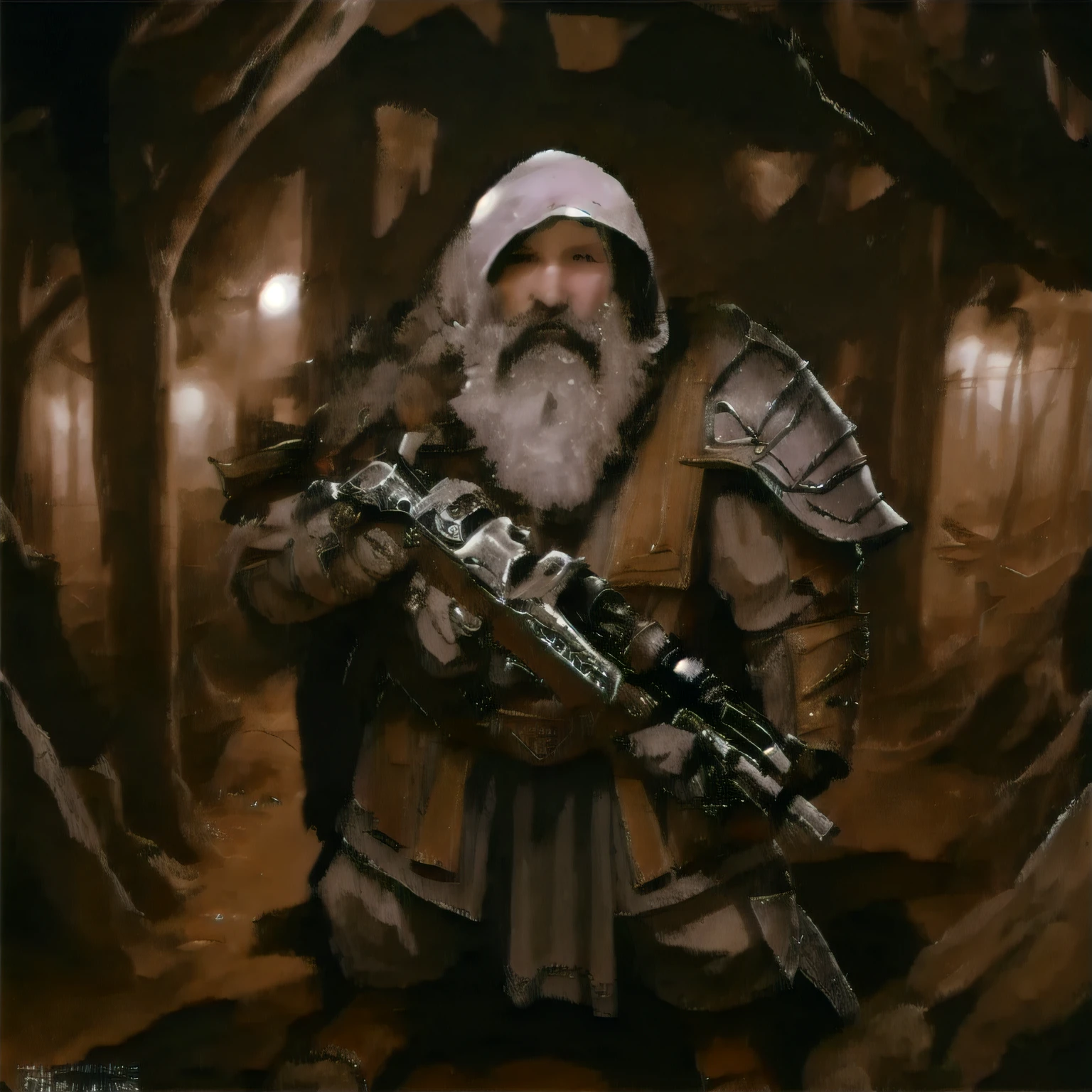 dwarf scout holding a black powder riffle, dark robe with hood cover_face, epic fantasy, highly detailed, FanUn, The atmosphere is grim, fitting the dark fantasy Renaissance Era theme, and the depiction is in a realistic oil painting style, emphasizing the emotional weight and harsh reality of the situation.
