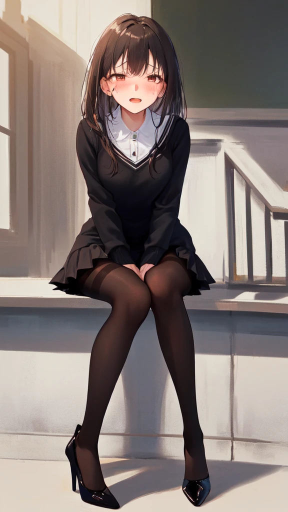 hi-school girl,Black boots,Sitting on a chair、length hair、校服、Shy、Black stockings、Focus on the legs