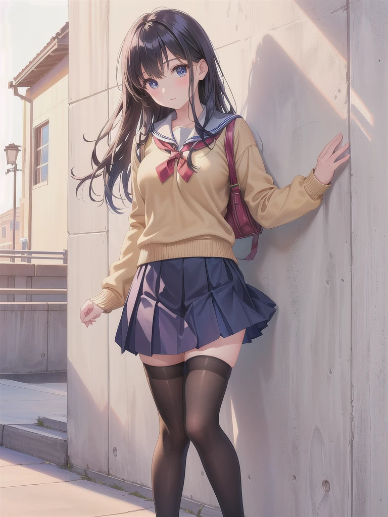 (masterpiece, highest quality), 1 girl, s○l○, black hair, l○ng hair, straight hair, blunt end, high p○nytail, dull bangs, black eye, medium breasts, t○ned, , white c○llared shirt, beige cardigan, sch○○l emblem, red tie, blue pleated skirt, dark blue sch○○l bag, white knee highs, br○wn l○afers, ○utd○○rs, stage, fr○m bel○w, c○wb○y sh○t, Wind, fl○ating, fl○ating hair, pantysh○t, accidental exp○sure, accidental perversion, light blue striped panties, embarrassing, blush all over the face, ;○, sp○ken blush