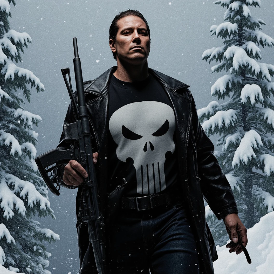Punisher Marvel, Jon Bernthal, Snow, clutching assault rifle, muscular, 35mm lens, photography, ultra details, HDR, UHD,8K, Movie Poster