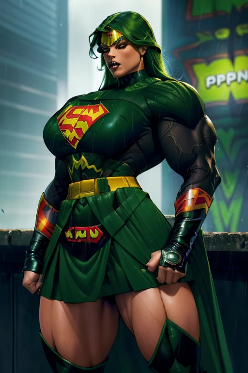 (Muscular:2.4), (thick thighs:2.4), (white caucasian female, green eyes, pale skin, jet black hair:1.5), adult, (short hair:1.6), glasses, (earrings, eyeshadow, lipstick), (upper body view, three quarter view:1.5), (striations), (flat chest), (choker, skintight green bodysuit, small cape:2), (sculped muscles:1.6), detailed eyes, (athletic body:1.5), (muscular body:2), (looking at viewer), (big smile:1.6), rim lighting from the front, two tone lighting, (dimly lit), clean skin, low key (DETAILED SKIN)