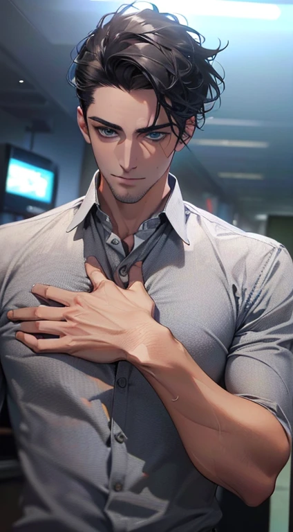 (masterpiece, best quality:1.2), (perfect anatomy), highres, high-definition quality, perfect skin, man's breast, nipple