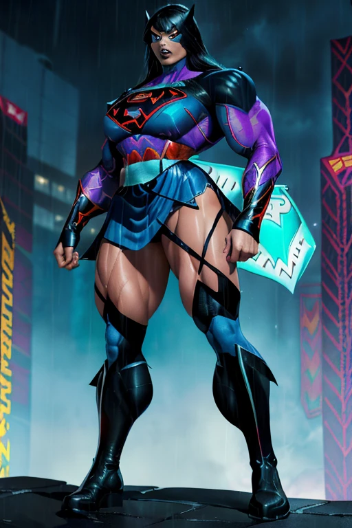 ((((Massive, beautiful, buff, muscular pale white skinned female ninja with royal blue hair, black lipstick, ginormous bulky muscles, holding a royal blue fire sword and wearing a royal blue cybernetic ninja armor with pants)))), (close view), black eyeliner, massive muscles, large breast, massive biceps, hyper muscle triceps, (long wavy curly hair), white eyes, mask, ninja boots, In a futuristic city, steel ninja armor, nighttime, closed smile, hyper muscles arms, hyper muscle legs, ginormous arms