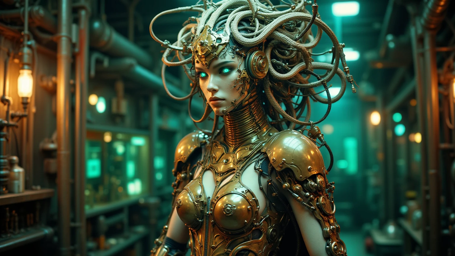 Sculpture of Futuristic Android Mermaids, Infused with bioluminescent algae, assembled amidst a post-war city ruins, intricate designs made of corroded metals and shiny titanium. Photorealistic, 8K, steampunk, visionary, detailed with lifelike rust and decay.