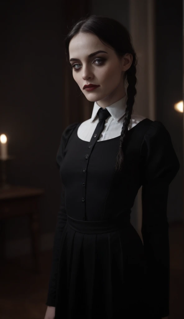 Create a photorealistic image of Anna, 25 years old, styled as Wednesday Addams. She has pale skin, dark eyes, and long black hair styled in two braids. Her outfit is a classic black dress with a white collar and button details. Her expression is calm and intense, with a deadpan look. The background is dark and moody, which highlights her features. The overall style is gothic and sophisticated, capturing the essence of Wednesday Addams with an absurdly high level of detail."