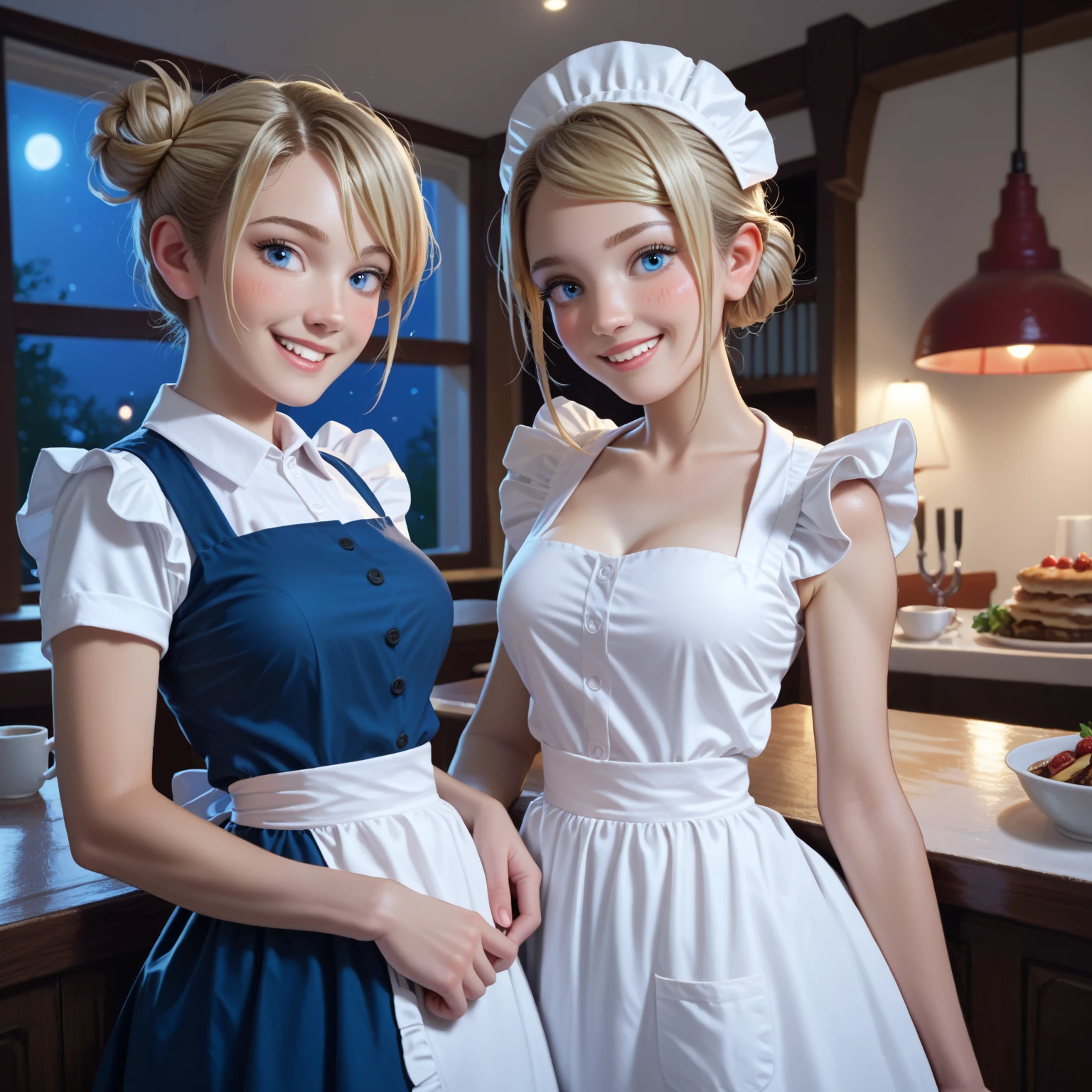 photo of th3r0ck as a playful maid, 1girl, undercut hair, apron, amazing body, pronounced feminine feature, , kitchen, blonde medium hair, flirting with camera --auto