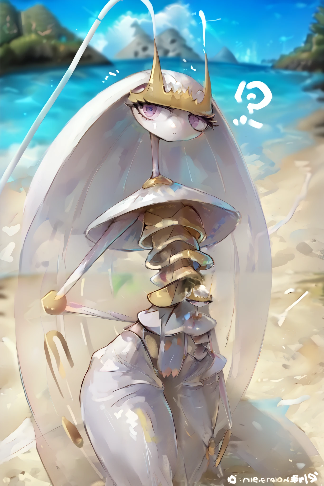 Pheromosa from Pokemon, White Body, Beach Background, Sunset, Thin Waist, Very Thin Waist, Wasp Waist, Solo, Aerial View, Confused, vibrant colors, cel shading, Simplistic Art Style, looking at viewer, solo,
