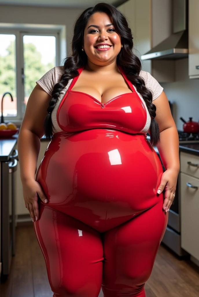 A hot Anne Hathaway, black hair, long wavy curly hair style, voluptuous, plump, pregnant belly, (wearing pink sexy cheerleader outfit), chubby, big bust, locks eyes into the camera, symmetrical eyes, symmetrical face, photorealistic, photography, path tracing, specular lighting, volumetric face light, path traced hair, visible shadows, intricate, elaborate, curvy body, plump body, huge big ass, thick body, curvy body type, voluptuous body type, busty body type, thick body type, big chest, big, black makeup, black eyelinner, wet body, wearing choker collar, (choker collar:1.5), navel piercing