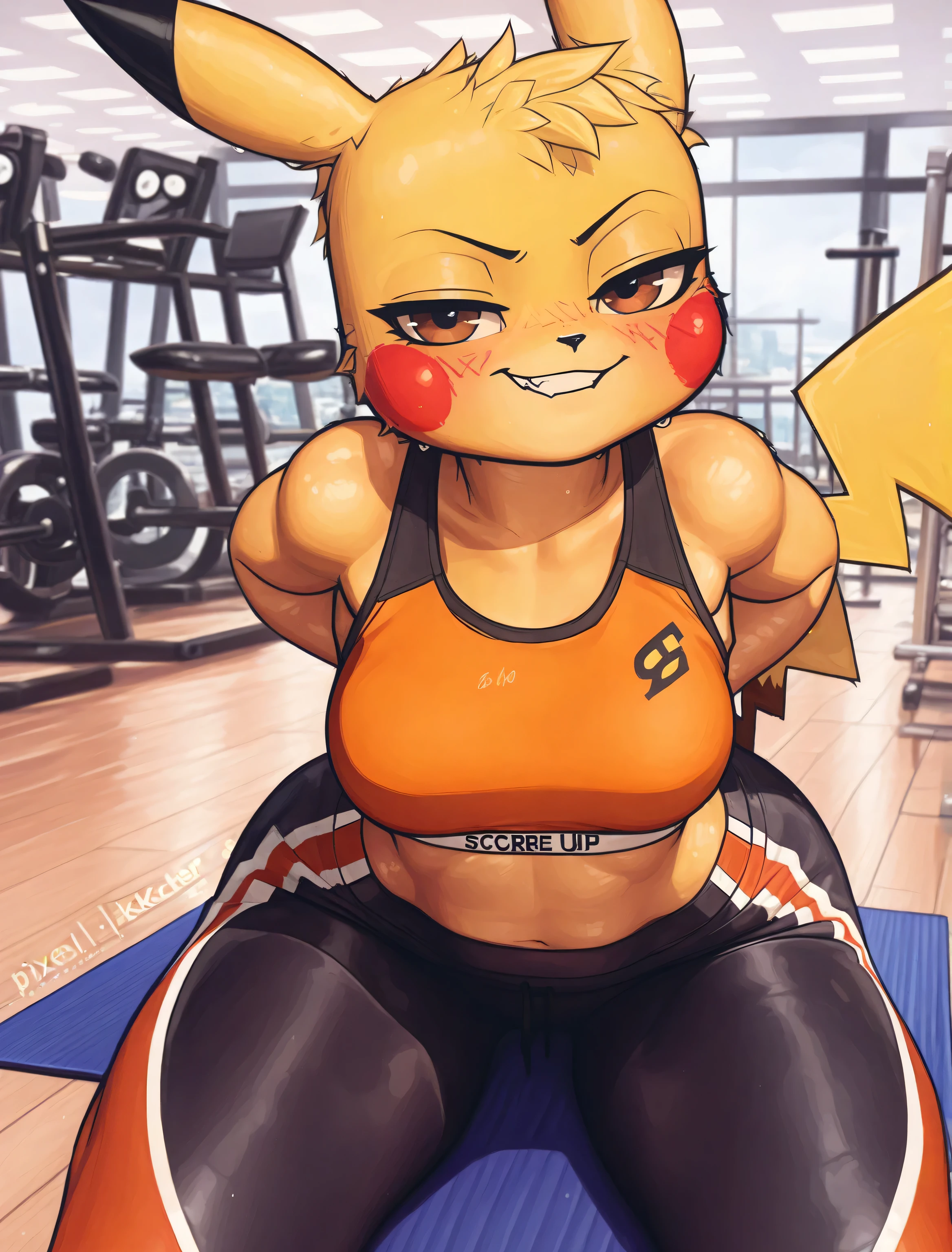 Pikachu, Pokemon, anime, Working out hard in a bodybuilding gym, defined and detailed muscles, expression serious.