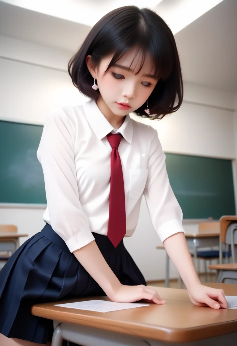 Realistic, live-action photo 8K quality, a Japanese elementary school girl with an immature body, skinny, petite and short, with short black bob hair, standing beside a desk in a school classroom, raising one leg and shaking her  as she rubs her  against the corner of the desk while  intently, she straddles the desk and rubs her  and , her  are hanging down and twisted, she lifts her skirt while still fully clothed, the immature girl's Ish panting face, a close-up on her huge and long clitoral hood from a low angle from the surface of the desk,  dripping from her , the ripe, , long clitoral hood and long and wide  protruding from the  of a girl with an immature body and a Ish face, pornographic gravure focusing on beautiful girls.
