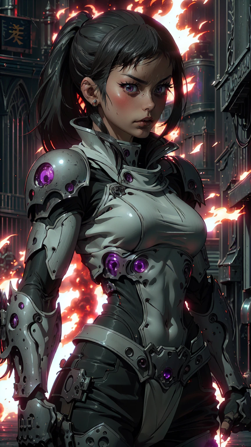 best quality,4k,8k,highres,masterpiece:1.2),ultra-detailed, extremely detailed eyes, extremely detailed body, (large masterpiece digital art), (detailed manga illustration), (detailed line art), ((perfect anatomy)), (intricate details:1.3), (ultra-detailed:1.3), (illustration:1.3), (sharp focus:1.3), (natural lighting:1.05), (vivid colors:1.3), (masterpiece), best quality, expressive eyes, perfect face, 1 girl, breasts, gloves, large breasts, {blue hair}, medium hair, wavy hair, (gray eyes), hourglass physique, huge ass, dynamic pose, dynamic lighting, fur trim, hair bun, glowing, crystal, helmet, armor, ((full armor)), cuisses, shoulder armor, belt, hand guard, boots, glove, particles stream, creationmagic, ethereal creation, Magic Circle, glowing, crystal, jim lee, Brazilian woman, hair bun, fur trim, jewelry, crystal, wild energy, cinematic lighting, heroic atmosphere, Beautiful woman, Atey Ghailan, Jeremy Mann, Greg Manchess, Antonio Moro, trend in ArtStation, trend in CGSociety, Intricate, High Detail, Sharp focus, dramatic and photorealistic painting art by Midjourney and Greg Rutkowski, Marvel Cinematic Universe style, (((mystical gothic castle in the background))),