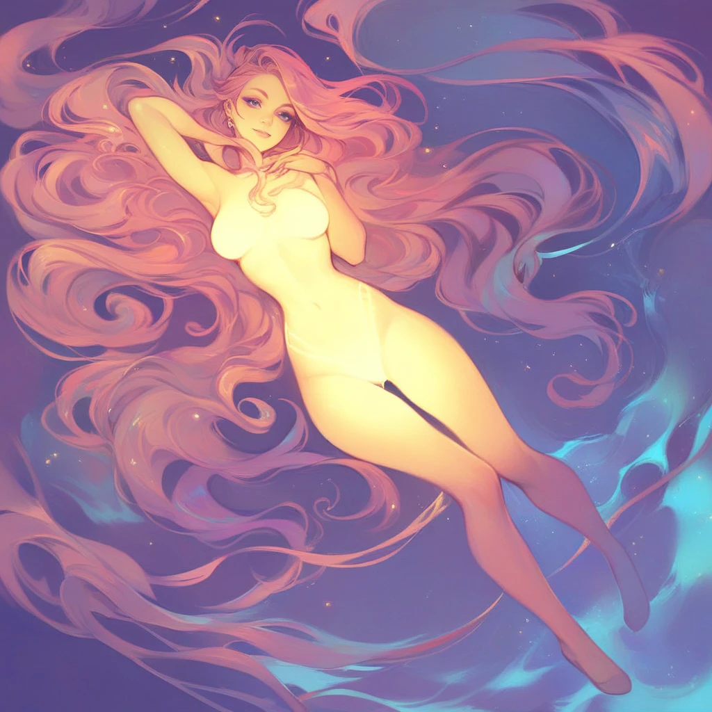 a beautiful nude woman with big messy hair, seductive pose, curvy, full body, vibrant, cute detailed digital art, colorfull digital fantasy art, digital fantasy art ), glossy digital painting, pastel vibrant