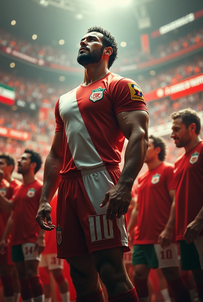 Strong hairy bearded shirtless iranian football player, black shorts and red socks and black boots, with hands open and raised to the sky in a large football stadium full of people.