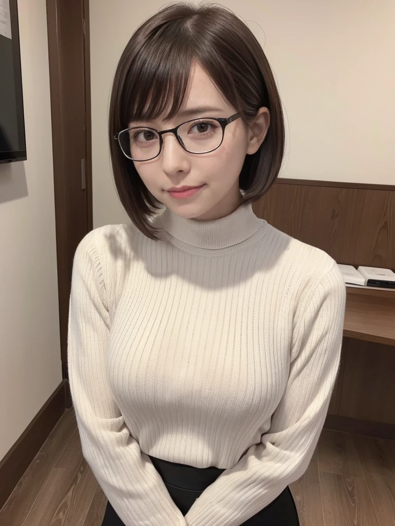 (Realistic、Like a photograph、Live Action、8K, Realistic, RAW Photos, Best image quality: 1.4), Single-lens reflex camera、RAW Photos, Highest quality, Realistic, Very detailed CG Unity 8k wallpaper, Written boundary depth, Cinematic Light, Lens flare, Ray Tracing, Realistic background、(Wear glasses、tight turtleneck long sleeve knit:1.4、Pleated skirt:1.1、Small breasts)、((Upward glance))、((ultra high density skin))、 1 female,Cute Japanese Woman、Japanese office lady sitting and working、((whole body:1.5)，View the computer:1.1、short hair:1.2、Pink inner color hair、tie your hair with a hair clip、I like that style、stylish、Very detailed、Pay attention to the details、Perfect outfit、(Sunburned skin)、Beautiful feet:1.1，Are standing、View from above
