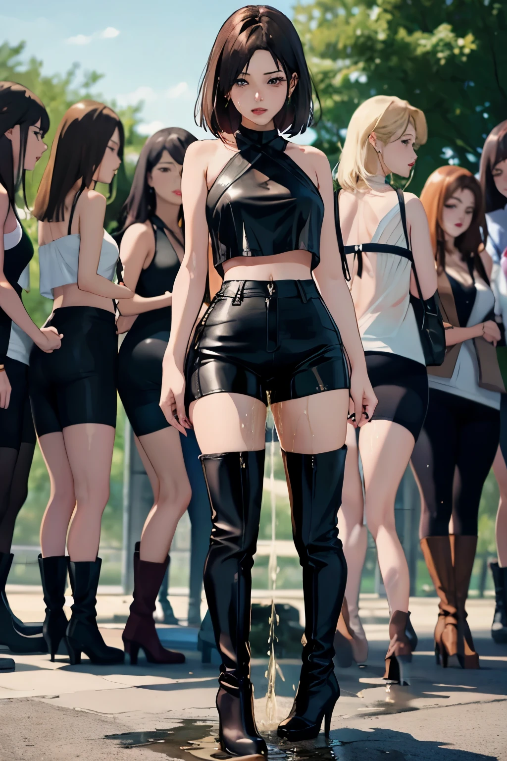 highres, beautiful women, high detail, good lighting, lewd, hentai, (((bike shorts))), (leather halter top), (bare midriff), (cameltoe), ((leather thigh high heel boots)), (wet shorts), (((wetting herself))), (peeing herself), peeing stain, (puddle), thick thighs, nice long legs, lipstick, detailed face, pretty face, humiliated, embarrassed, (full body shot), ((outdoors waiting for bathroom with line of women in queue))