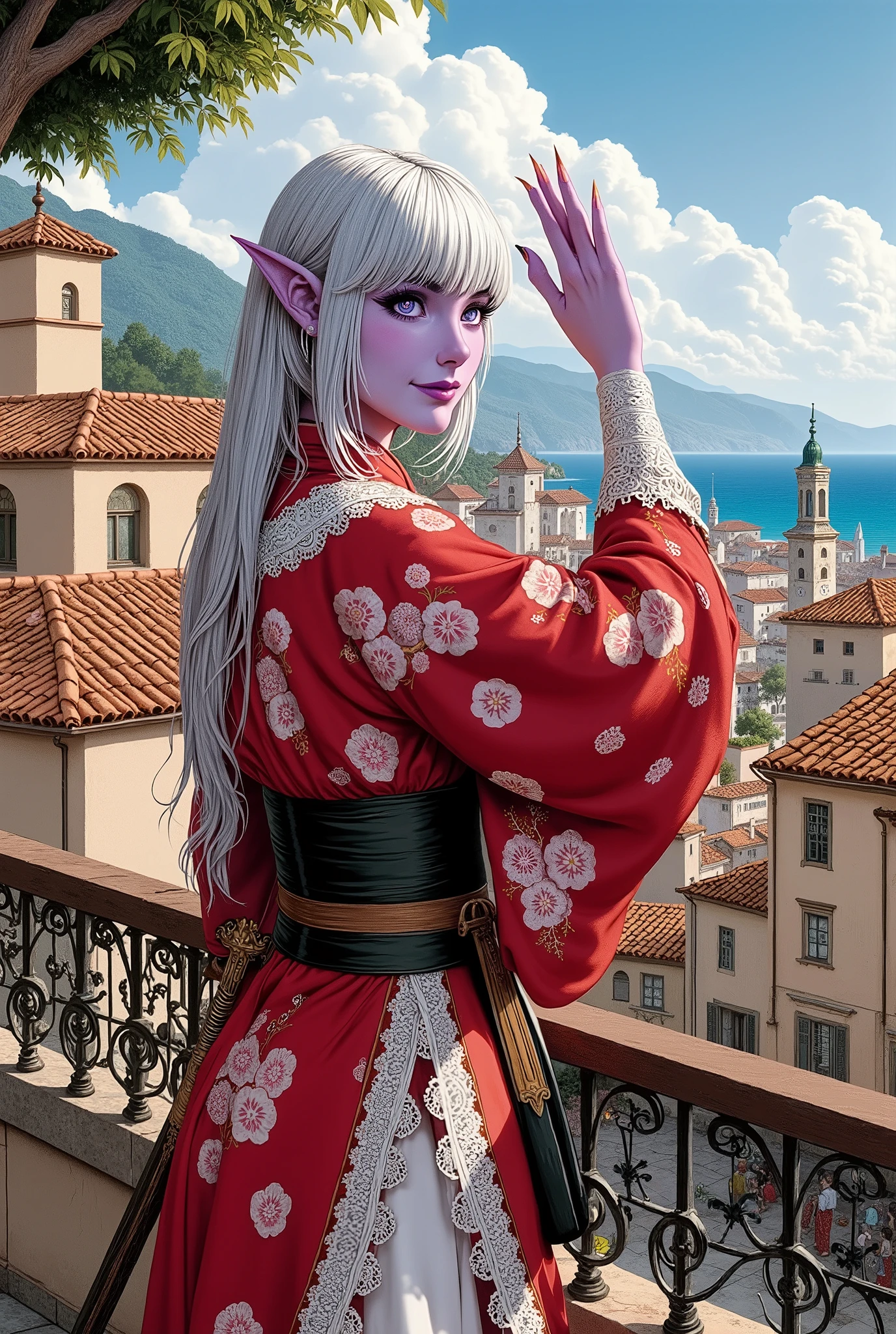 (Ultra-detailed face, Looking away, Fantasy Illustration with Gothic, Dark tone colors. ), BREAK
(Mediterranean summer sun. Mediterranean-style terracotta buildings and streets. A viewpoint overlooking the city and the sea. A woman with her back to the viewer is smiling on a balcony, her hair blowing in the sea breeze, one hand in front of her face, blocking the sunlight. In her other hand she holds a glass of sparkling water.), BREAK
(The young dark elf woman has white hair, white eyebrows, blunt bangs, ankle-length hair, small pink lips, dark purple skin, and thick eyeliner.), BREAK
(A female dark elf druid wears a deep red Japanese kimono with a pink cherry blossom pattern with gold trim and silver lace ruffles, a wide jet-black sash around her waist, and an ancient-looking dagger at her hip. He wears bare feet and sandals.), BREAK
(She wears a medieval Japanese-style kimono of white fabric with a summer blooming floral pattern. It is designed with white lilies and water lilies.)