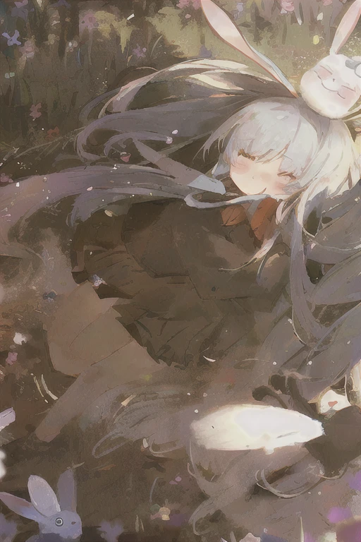 White long-haired girl with black ribbon blindfold, white silk skirt, white stockings, duck sitting