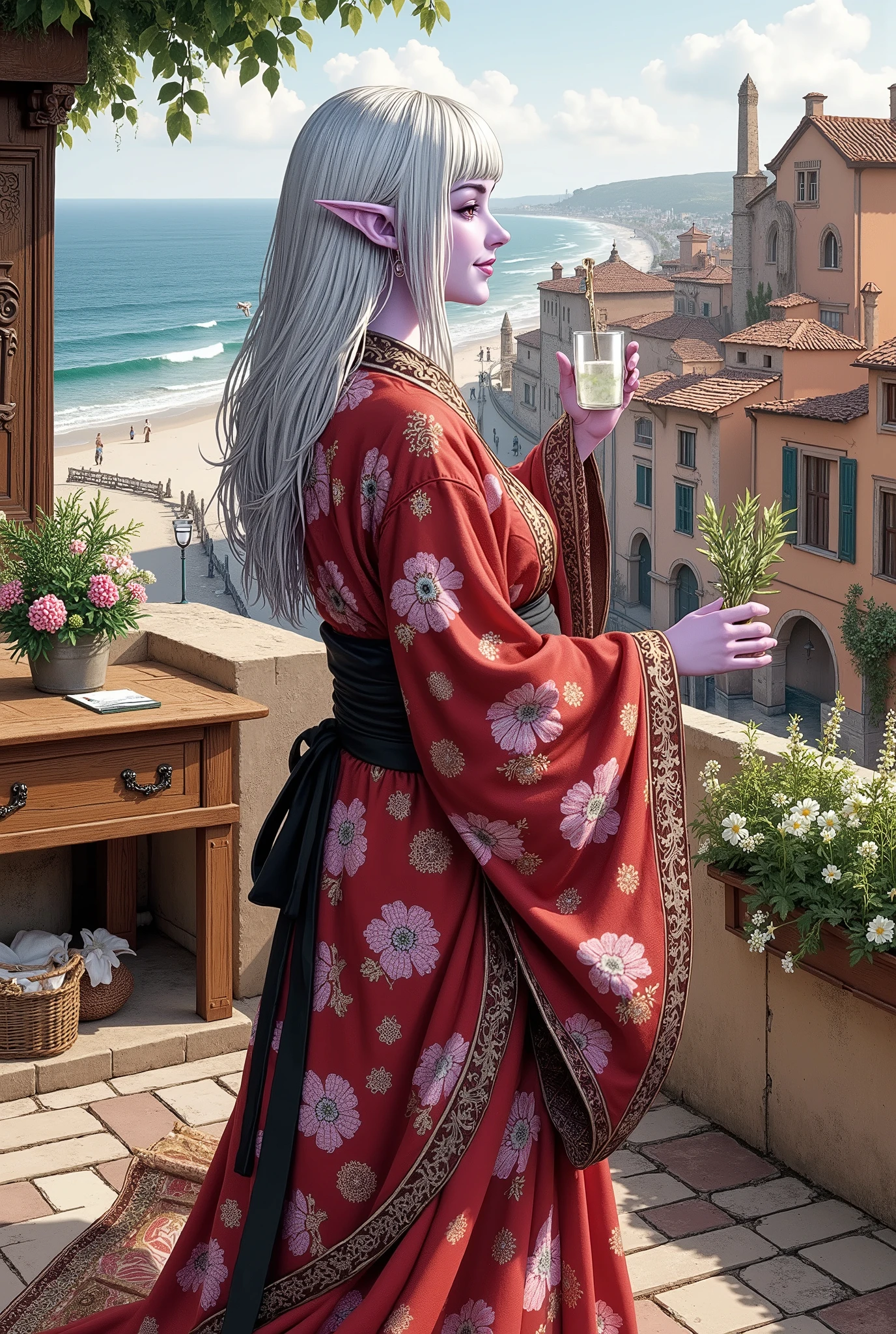 (Ultra-detailed face, Looking away, Fantasy Illustration with Gothic, Dark tone colors. ), BREAK
(Mediterranean summer sun. Mediterranean-style terracotta buildings and streets. A viewpoint overlooking the city and the sea. A woman with her back to the viewer is smiling on a balcony, her hair blowing in the sea breeze, one hand in front of her face, blocking the sunlight. In her other hand she holds a glass of sparkling water.), BREAK
(The young dark elf woman has white hair, white eyebrows, blunt bangs, ankle-length hair, small pink lips, dark purple skin, and thick eyeliner.), BREAK
(A female dark elf druid wears a deep red Japanese kimono with a pink cherry blossom pattern with gold trim and silver lace ruffles, a wide jet-black sash around her waist, and an ancient-looking dagger at her hip. He wears bare feet and sandals.), BREAK
(She wears a medieval Japanese-style kimono of white fabric with a summer blooming floral pattern. It is designed with white lilies and water lilies.)