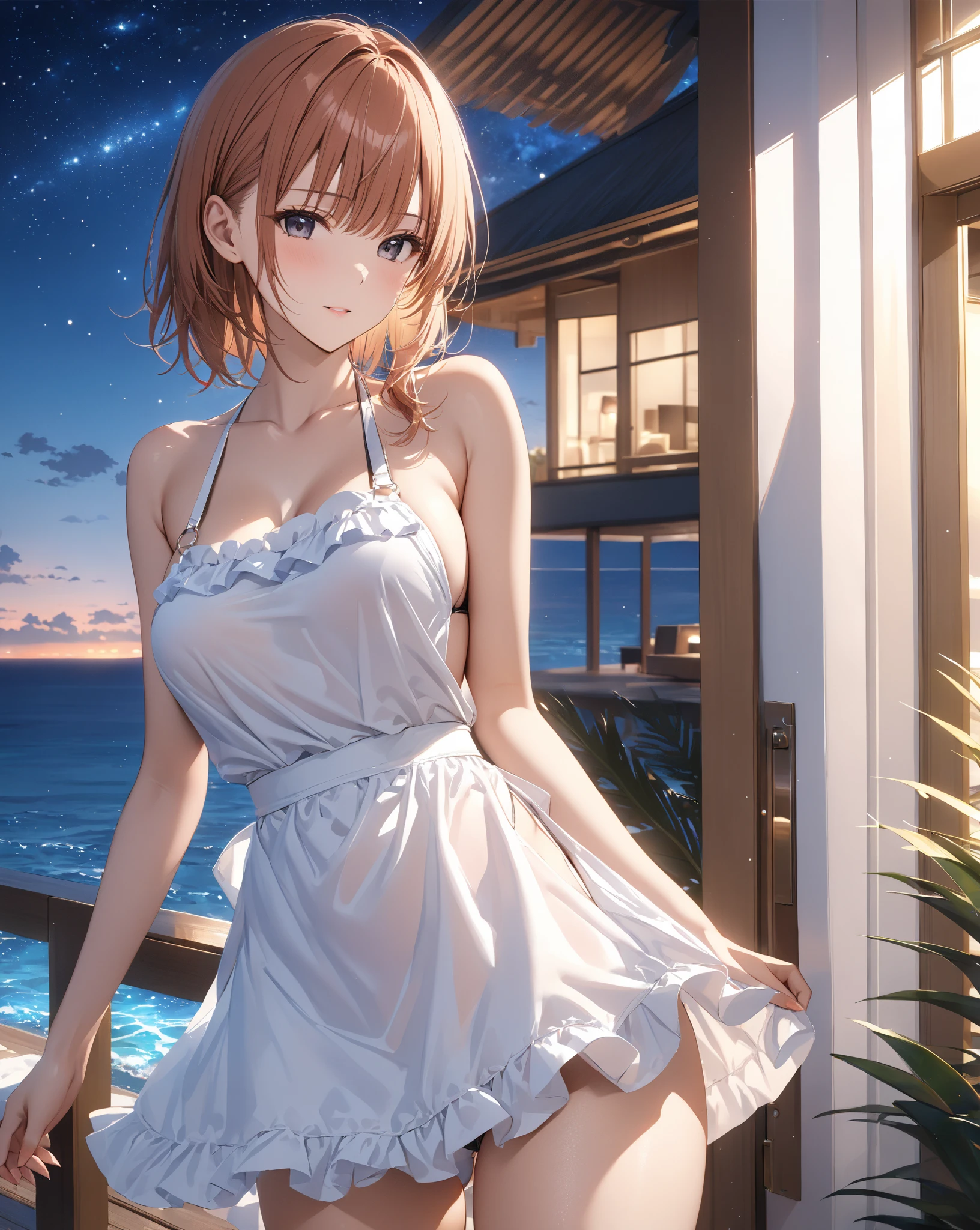 VerydetailedCG,UHD wallpaper, extremy detailed,(((Best Quority))), ((ultra detali)), 1girl huge large breasts, animal_ears, black_hair, blue_eyes, Large breasts, cat_ears,(naked_towel), the clouds, cloudy_sky, crepuscular, nights, gradient_sky, horizon, looking_at_viewer, makeups, medium_breasts, water eyes, woven, Eau, droplets of water, mont, mountainous_horizon, navels, the ocean, orange_sky, exteriors, palm_tree, purple_sky, red_sky, short_hair, Sat down, skyward, ssmile, 独奏, suns, sunraise, sun setting, Towels, The tree, at twilight, Eau