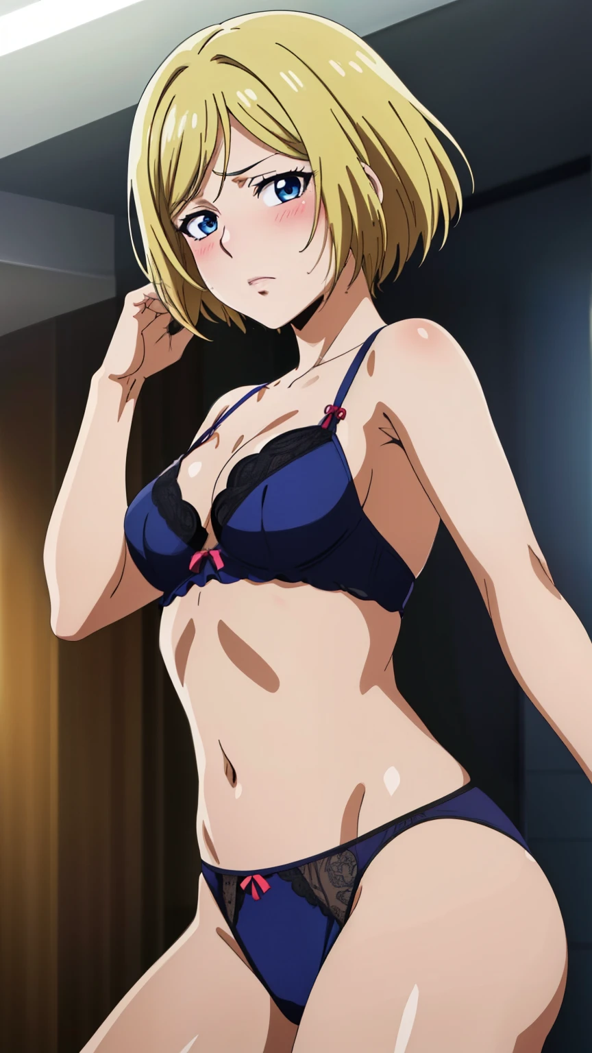 (Top quality, masterpiece, 8k), (Realistic skin texture), (anime coloring), Very detailed, very detailed, perfect face, beautiful eyes, perfect eyes, detailed eyes, feature large highlight, detailed face, ultra-detailed, detailed eyes, symmetrical eyes, (Dynamic angle), (expressionless), Sharp details, sonokata misuzu, blonde hair, short hair, (((short stature))), (small medium breasts:1.2), healthy skin, (half closed eyes:0.8), (mature face:1.4), (nffsw, gorgeous nightclub background), (embarrassed expression, blushing), (dynamic sexy pose), (lingerie, sexually seductive), (cowboy shot:1.5), looking at the viewer, in the center of the image