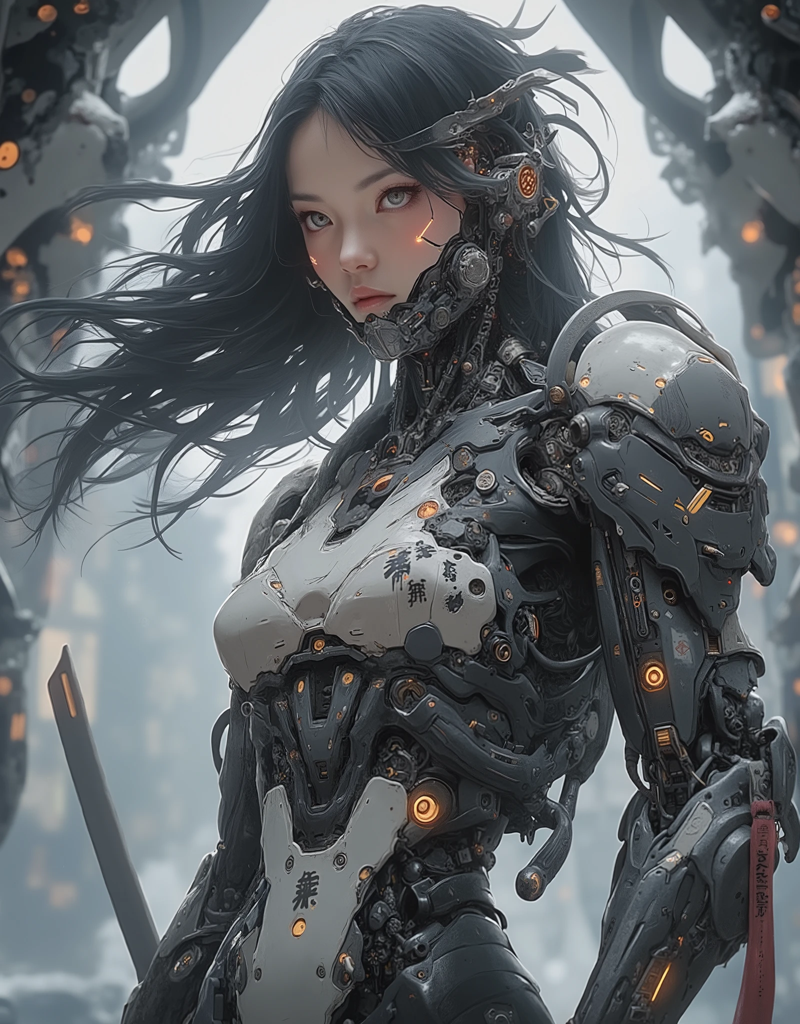 ((anime art style illustration)) of (perfect Asian cyberpunk girl samurai))), (((wearing incredibly detailed ornate cyberpunk samurai armour))), ((LED lights)), (shapeless long hair), perfect features, ((((full figure) dynamic pose))), (((starship interior))), (((Jim Burns art style))), abstract beauty, near perfection, pure form, concept art, intricate detail, 8k post-production, High resolution, super Detail, art station Trends, sharp focus, studio photos, intricate detail, Very detailed.