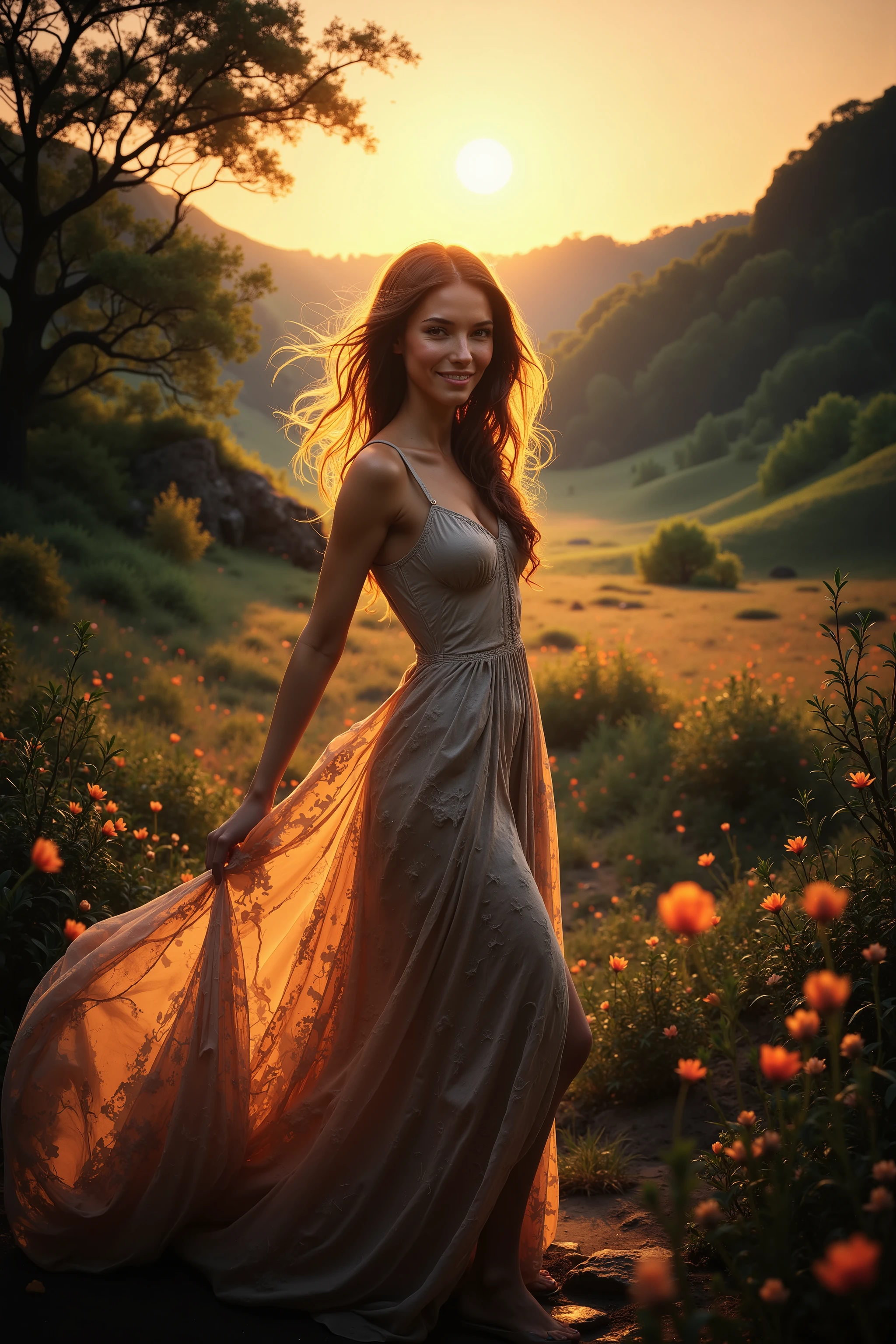 ((Masterpiece in maximum 16K resolution):1.6),((soft_color_photograpy:)1.5), ((Ultra-Detailed):1.4),((Movie-like still images and dynamic angles):1.3),((Wide cinematic lens):1.1). | ((Wide Cinematic shot of a smile and sunshine):1.2), ((landscape filled with sunshine):1.1), ((sunshine that make smile):1.5), (wide cinematic lens), (tyndall effect), (winds and petals), (skimpy outdoor dress), (sunshine atmosphere), (shimmer), (visual experience) ,(Realism), (Realistic),award-winning graphics, dark shot, film grain, extremely detailed, Digital Art, rtx, Unreal Engine, scene concept anti glare effect, All captured with sharp focus. | Rendered in ultra-high definition with UHD and retina quality, this masterpiece ensures anatomical correctness and textured skin with super detail. With a focus on high quality and accuracy, this award-winning portrayal captures every nuance in stunning 16k resolution, immersing viewers in its lifelike depiction. | ((perfect_composition, perfect_design, perfect_layout, perfect_detail, ultra_detailed)), ((enhance_all, fix_everything)), More Detail, Enhance. 