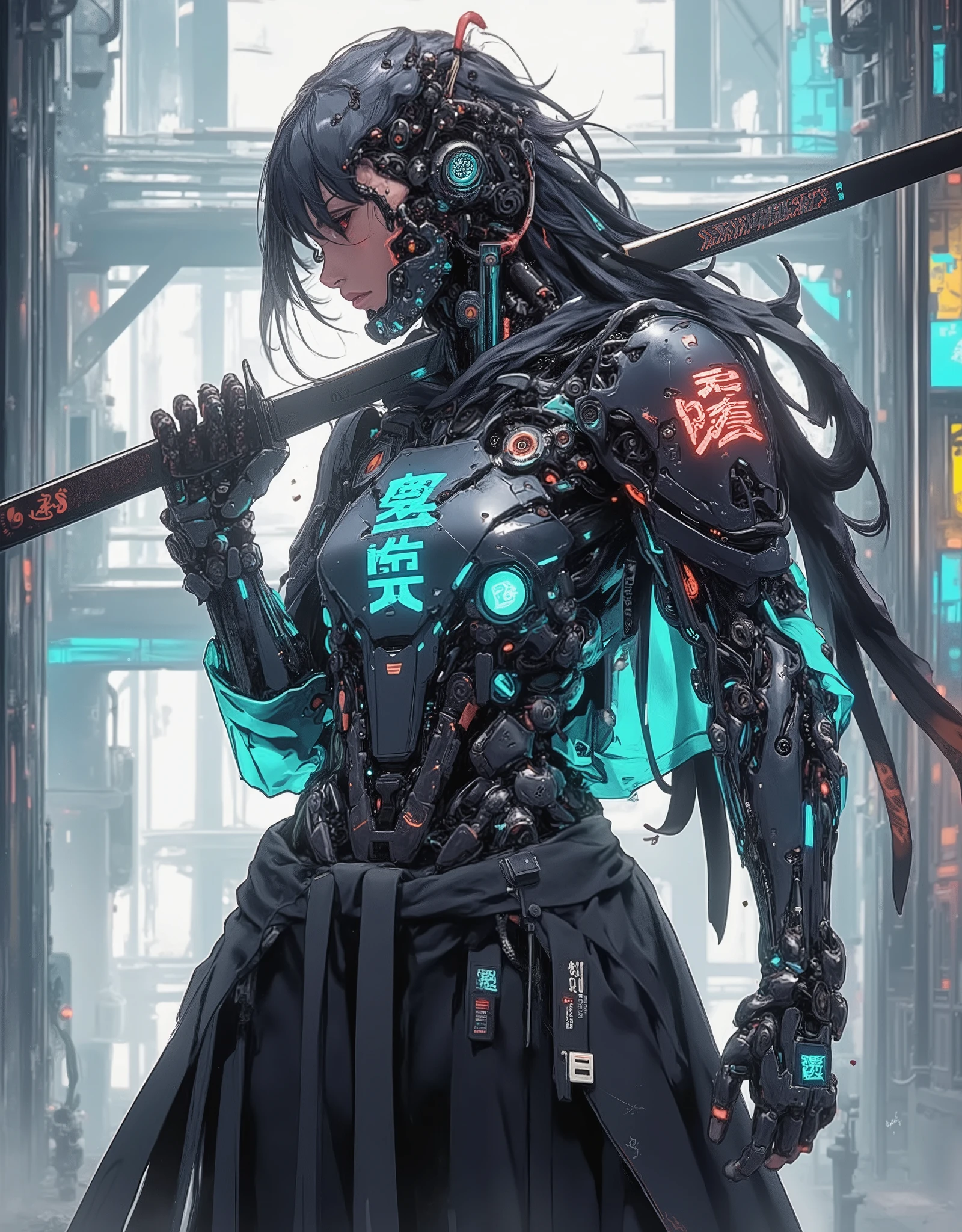 ((anime art style illustration)) of (perfect Asian cyberpunk girl samurai))), (((wearing incredibly detailed ornate cyberpunk samurai armour with Katana))), ((LED lights)), (((Japanese Kabuki hairstyle))), perfect features, ((((full figure) dynamic pose))), (((starship interior))), (((Syd Mead art style))), abstract beauty, near perfection, pure form, concept art, intricate detail, 8k post-production, High resolution, super Detail, art station Trends, sharp focus, studio photos, intricate detail, Very detailed.