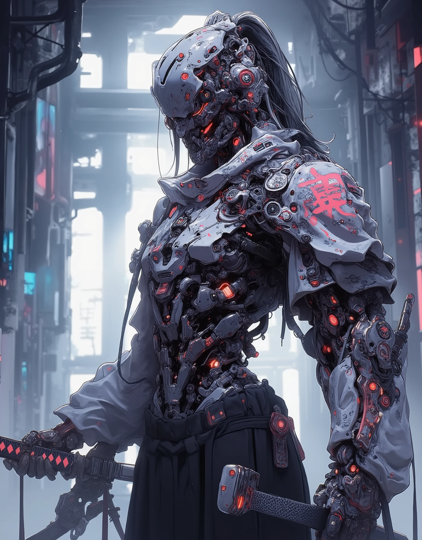 ((anime art style illustration)) of (perfect Asian cyberpunk girl samurai))), (((wearing incredibly detailed ornate cyberpunk samurai armour with Katana))), ((LED lights)), (((Japanese Kabuki hairstyle))), perfect features, ((((full figure) dynamic pose))), (((starship interior))), (((Syd Mead art style))), abstract beauty, near perfection, pure form, concept art, intricate detail, 8k post-production, High resolution, super Detail, art station Trends, sharp focus, studio photos, intricate detail, Very detailed.