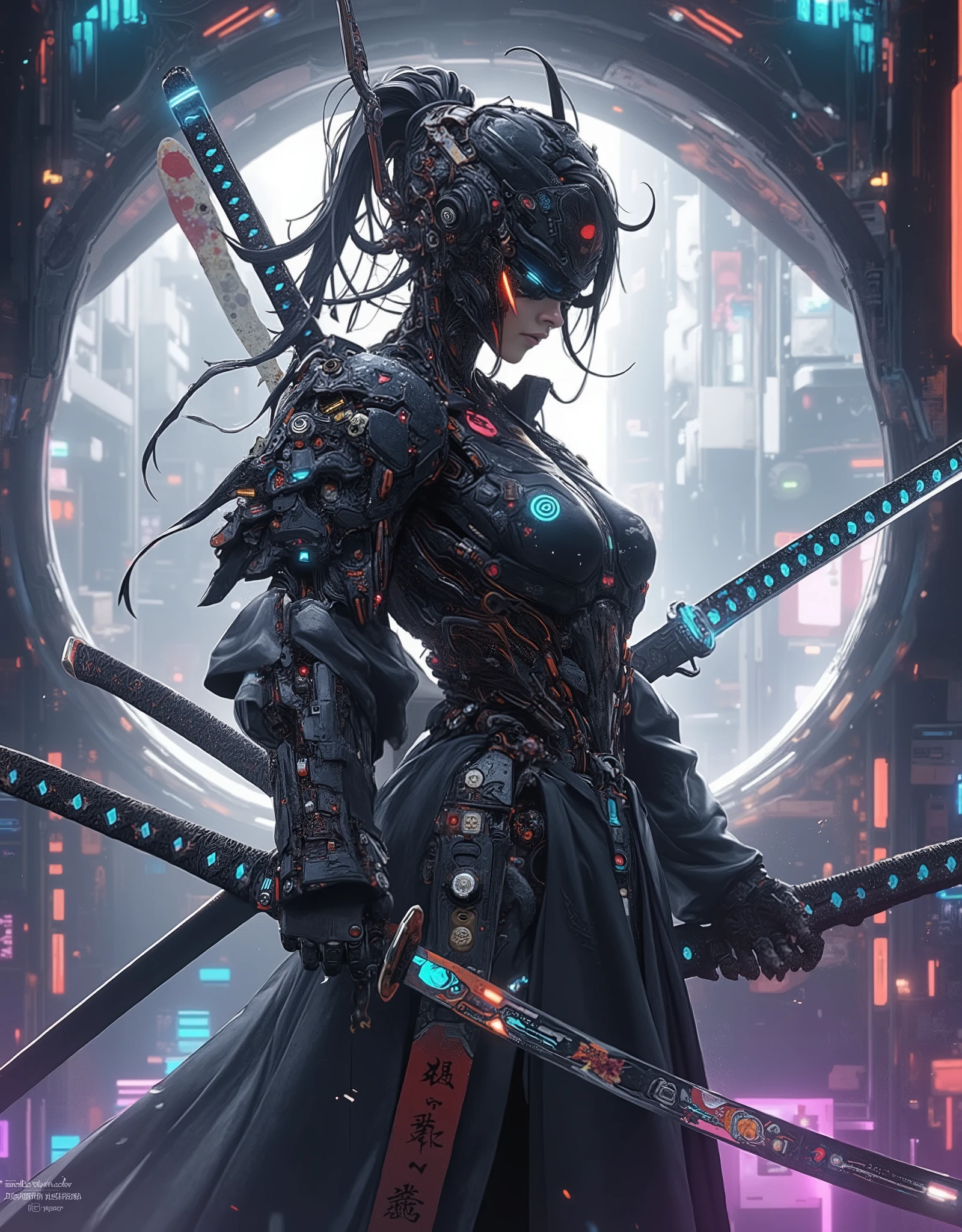 ((anime art style illustration)) of (perfect Asian cyberpunk girl samurai))), (((wearing incredibly detailed ornate cyberpunk samurai armour with Katana))), ((LED lights)), (((Japanese Kabuki hairstyle))), perfect features, ((((full figure) dynamic pose))), (((starship interior))), (((Syd Mead art style))), abstract beauty, near perfection, pure form, concept art, intricate detail, 8k post-production, High resolution, super Detail, art station Trends, sharp focus, studio photos, intricate detail, Very detailed.