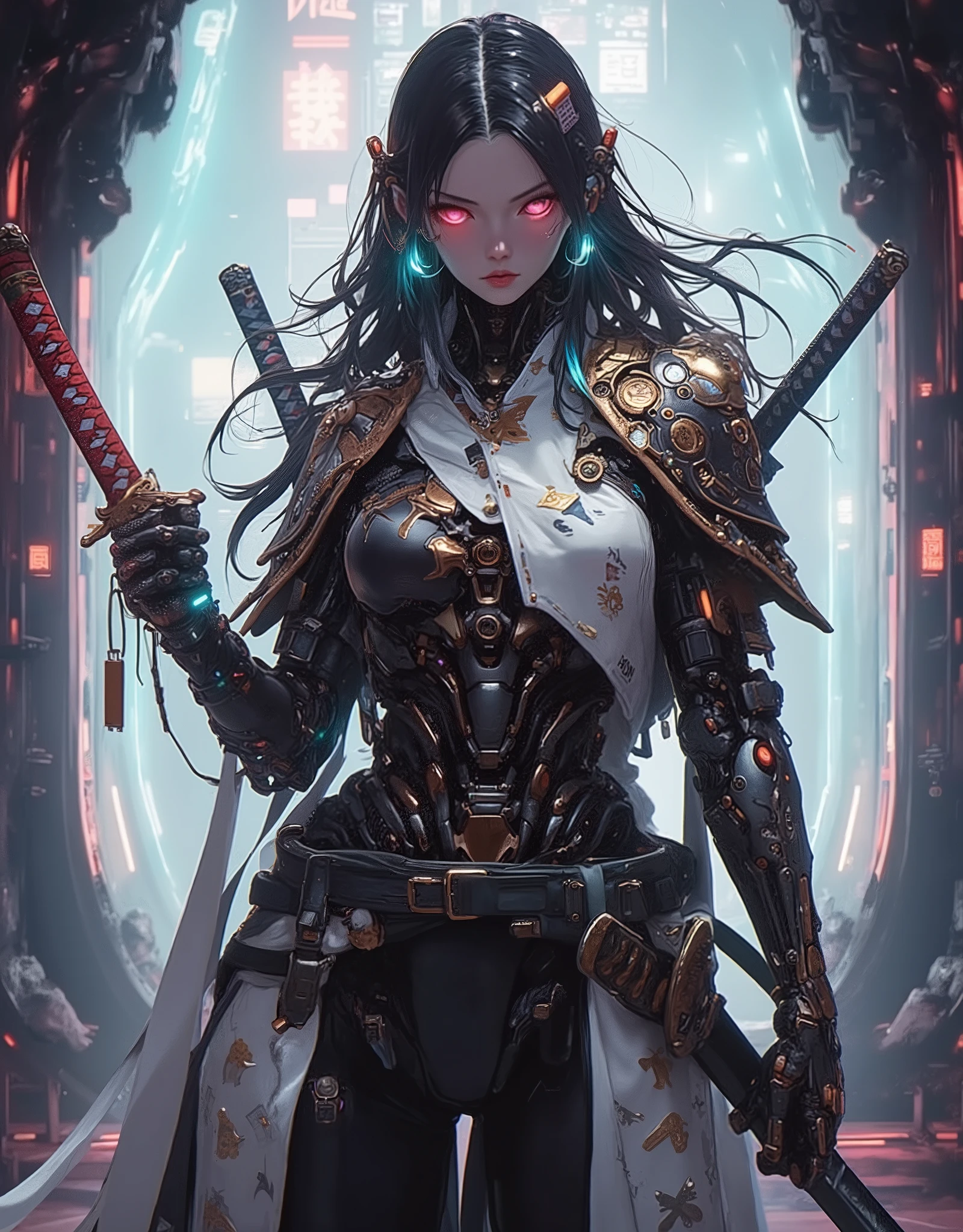 ((anime art style illustration)) of (perfect Asian cyberpunk girl samurai))), (((wearing incredibly detailed ornate cyberpunk samurai armour with Katana))), ((LED lights)), (((Japanese Kabuki hairstyle))), perfect features, ((((full figure) dynamic pose))), (((starship interior))), (((Syd Mead art style))), abstract beauty, near perfection, pure form, concept art, intricate detail, 8k post-production, High resolution, super Detail, art station Trends, sharp focus, studio photos, intricate detail, Very detailed.
