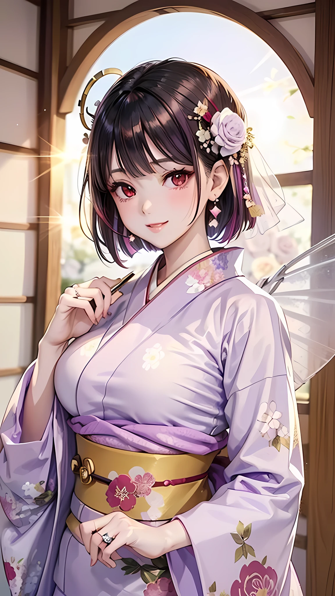 masterpiece, Ultra Fine, Super High Definition, The Most Beautiful Woman in History , Anime, slender body, ( big breasts), tall height , Small face, Balanced Ratio , ( shiny hair, black hair:1.2), ((( short hair:1.3))), (bangs), (Beautiful and shining eyes ), (Clear red eyes), ((( Sparkling Highlights :1.3))), long lashes, pink lips, beautiful, accurate and delicate handmade finger work , God's Smile , ((( Japanese Kimono / Light purple pretence ))), ((( Gorgeous Flower Kimono ))), ( white rose accessory :1.2), (( hairpin)), (small earrings, ring), upper body, beautiful standing position like a fashion model , Japanese shrines , Torii Gate