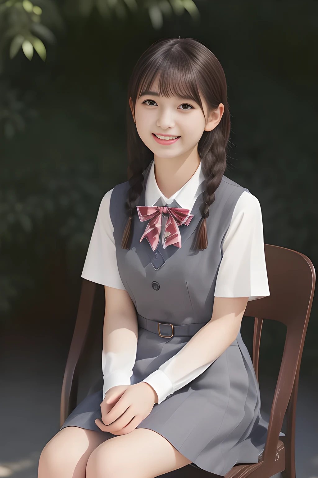 (highest quality, masterpiece, high resolution:1.2), 4K, (Photo quality detailed foreground: 1.2), (Giorgione painting style: 0.8), geometry, (e 14ygirly Japanese photo model is seated and looking at me with her too beautiful eyes like laughing fashion model: 1.3), (Shy smile: 1.5), Laughing cutely, ((Light-Gray) Japanese school girly vest Uniform with neat girly ivory-colored short-sleeves school blouse, puffed short sleeves: 1.2), (white socks and school loafers: 1.2), (Dark red glossy school ribbon on the breast: 1.0), (Extremely laughing cheeks: 1.0), (Beautiful light-amber large clear open eyes with balanced and detailed cutely: 1.4), (highly curled bangs: 1.2), (Expressing the greatest joy with her whole body: 1.2), (Glossy lips: 1.0), (braids tied under her ears: 1.3), (cute earrings), (Inviting me into the heaven: 1.6), (white and clear skin: 1.0), (Laughing 14yo te princess's eyes: 0.8), (Placing her beautiful white hands together like praying: 0.9), (Full-body shot: 1.2), (Drives me crazy for her glossy neat short-bobbed hair and make me fall into love: 1.2), (girly beautiful atmosphere, black plain background: 1.5)