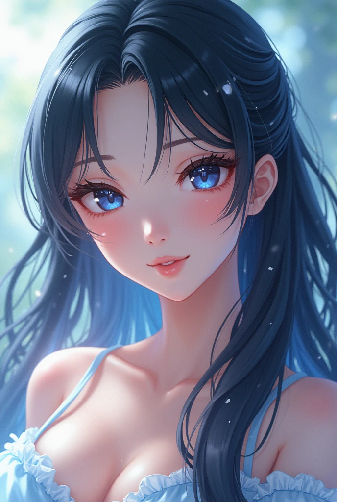 Anime girl, medium long black hair, back hair gradient blue, with bangs, blue eyes, slouching, sleeping, beautiful anime portrait, anime style 4K, stunning anime face portrait, detailed digital anime art, anime art wallpaper 8K, beautiful anime face, anime style. 8K, cute girl anime visuals, anime art wallpaper 4K, anime art wallpaper 4K, blue eyes, half body, beach, waves