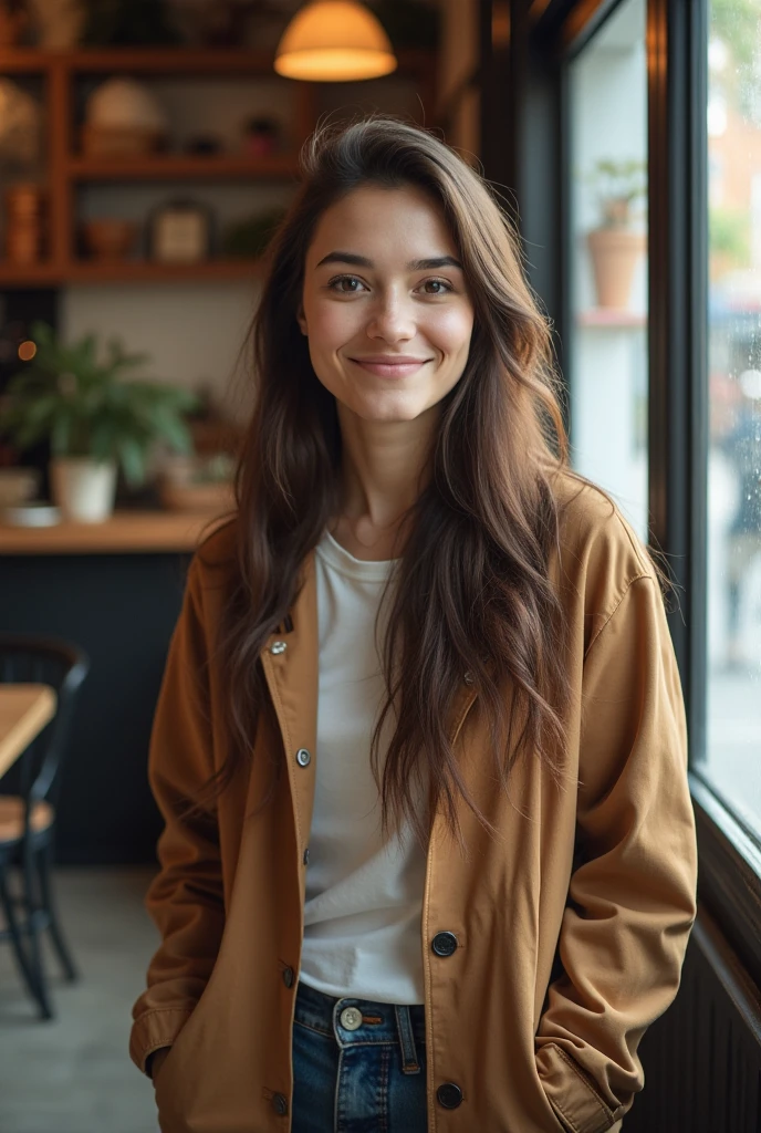 1girl in, 19, Solo, Aesthetic artwork, irish brunette, wavy brown hair, shoulder length brown hair, gray eyes, light grey eyes, some small freckles, pale skin, B-cup, medium sized breasts, breasts out, nice body, detailed skin texture, sitting in a coffee shop, next to a table with coffee cups, smiling, cozy vibes, winter vibes, low lighting, people behind watching, (extremely detailed 8k wallpaper), soft lighting, high quality, film grain, Fujifilm XT3 sharp focus, f 5.6, 50mm, High Detail, Sharp focus,(natural light), white long sleeve coat, unbuttoned with naked breasts exposed, showing breasts, cute nipples, light green khaki pants, crazy details, complex details, hyper detailed