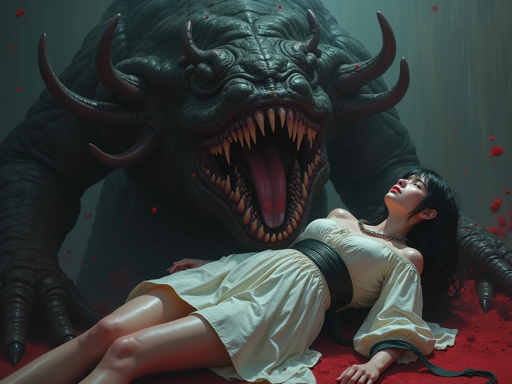 ((best quality)), ((masterpiece)), (detailed), A digital illustration of a woman lying dead on the ground surrounded by monsters with a dark and stormy background. She is wearing a peach-colored princess dress and has long black hair.