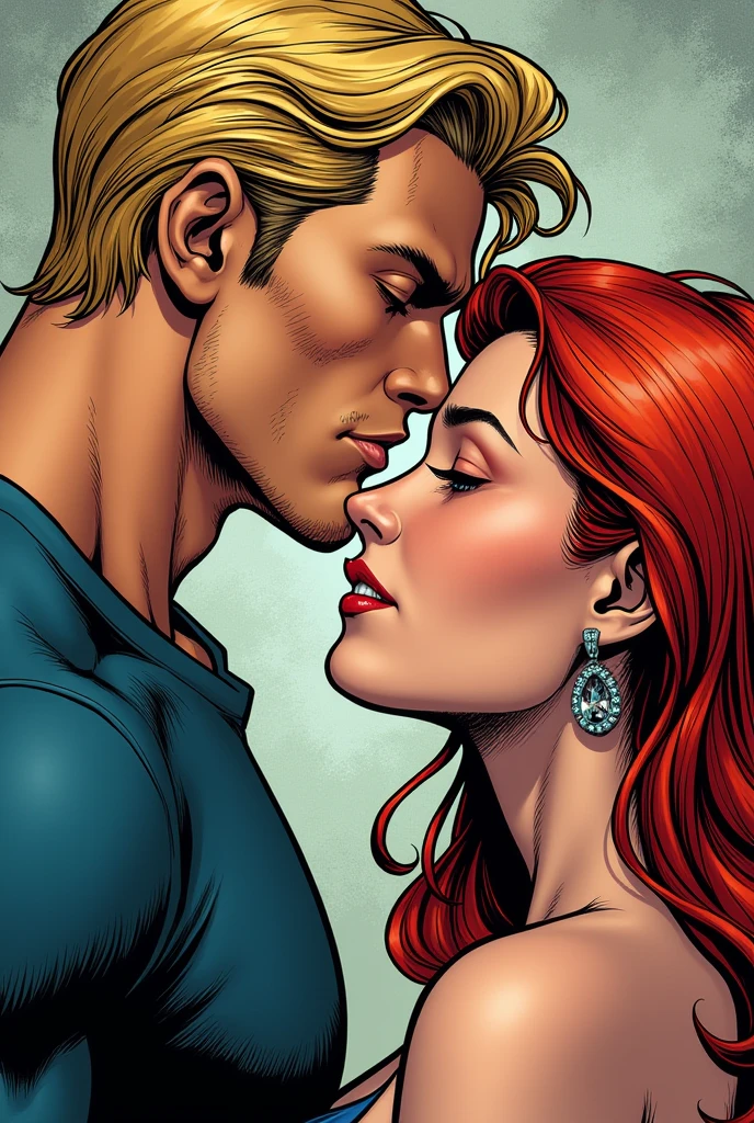 Create a 4K digital image based on the following description: The image depicts a couple kissing in an elegant and sensual digital painting. The scene is inspired by comics and features two characters, a man and a woman, in a romantic moment. The painting is done with realistic details and uses digital airbrush oil painting techniques, resulting in a stunning piece of digital art. The image is designed to be a novel cover. The artists responsible for this creation could be Kristian Kreković, Hristofor Žefarović, Elena Guru or Adrienn Henczné Deák.