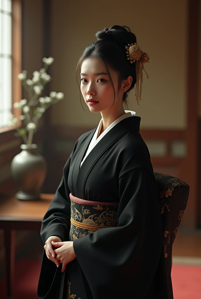(Highest quality、Highest quality、8k resolution、masterpiece、Professional photography、Award-winning works)、(Mature 35 year old beautiful Japanese woman:1.1)、(Funeral:1.1)、(Blurred background of a spacious and elegant Japanese-style room:1.1)、(Strongly blurred background:1.1)、The most romantic and moody atmosphere、(The perfect black kimono mourning outfit:1.2)、(Pearl Necklace:1.1)、Standing Elegantly、Voluptuous body、sad expression looking at me、(Large Breasts:1.1)、(Cleavage:1.3)、Perfect Makeup、Beautiful lipstick、Elegant eyeshadow、Long eyelashes、Ultra-high resolution glossy skin、(Accurate anatomy:1.1)