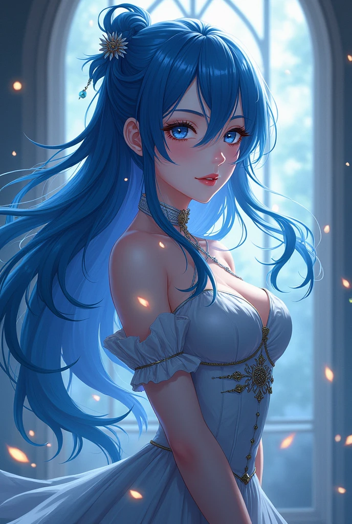 ((Highest quality)), ((masterpiece)), (detailed), One person,long hair,bluehair,navy eyes,beauty,ponytail,Slanted Eyes、Bad look in the eyes,アニメ,game cg,shiny skin,huge breasts,large breasts,,child,　very long hair、Tank top,blouse,,evil smile,holding magical staff