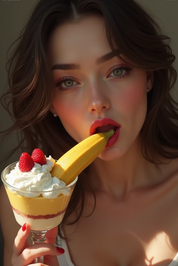 sexy girl licking a popsicle with a seductive look, face smeared with mayonnaise
