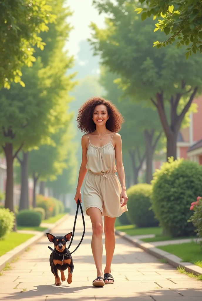 A 48-year-old woman with curly hair and medium length brown hair walking with her little black and tan pinscher dog.