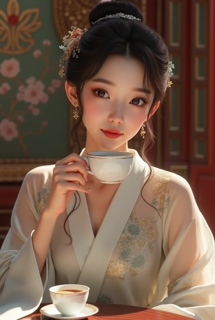 a woman conducting a traditional chinese tea ceremony,beautiful detailed eyes,beautiful detailed lips,extremely detailed face,long eyelashes,elegant traditional chinese dress,graceful movement,tranquil atmosphere,warm lighting,muted colors,high quality,intricate details,photorealistic,masterpiece,natural lighting,cinematic composition