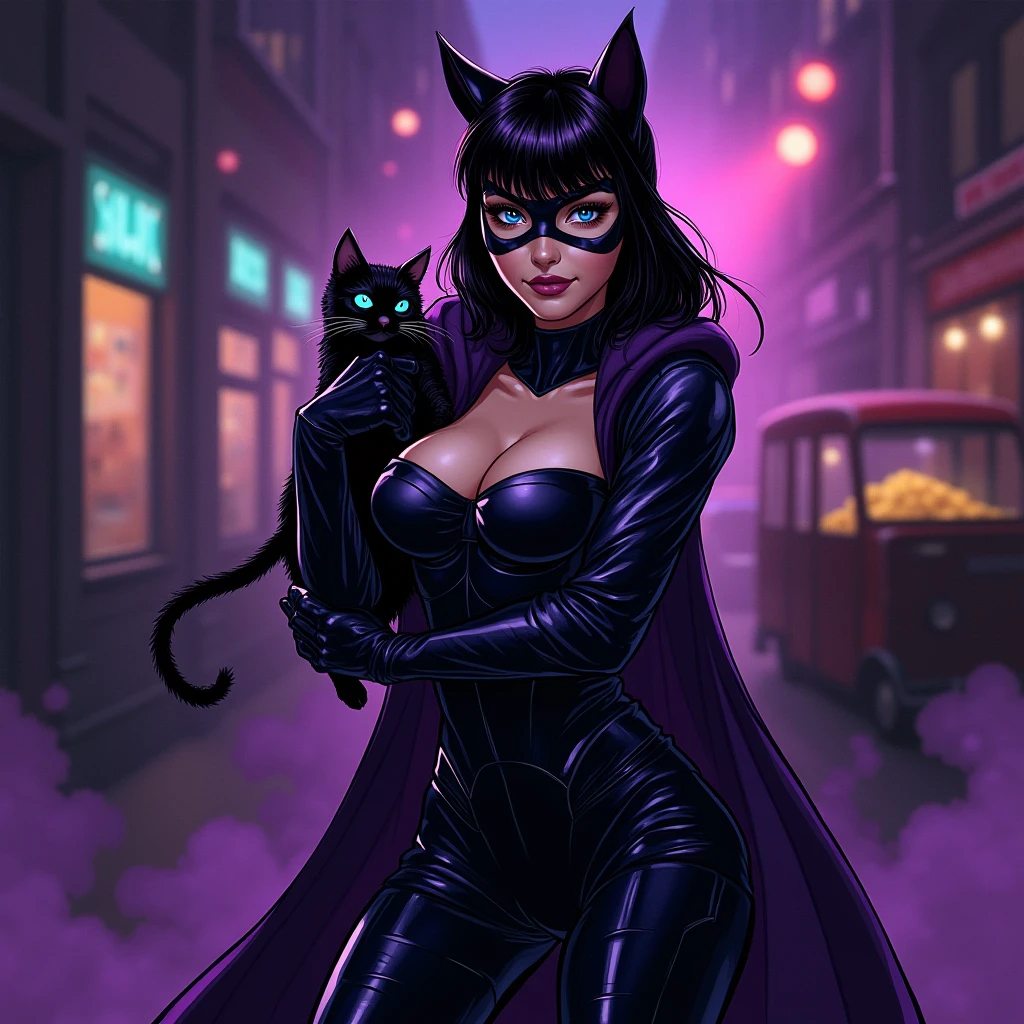 digital art of Catwoman fidelity to DC comics designs, a sensual, aggressive, intense, crazed catwoman, with sharp claws, she is loose in the luxurious alleys of gotham city, detailed, high definicion, ultra resolution, 64k,