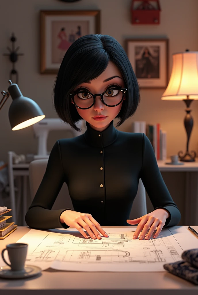 Edna from The Incredibles at her desk 